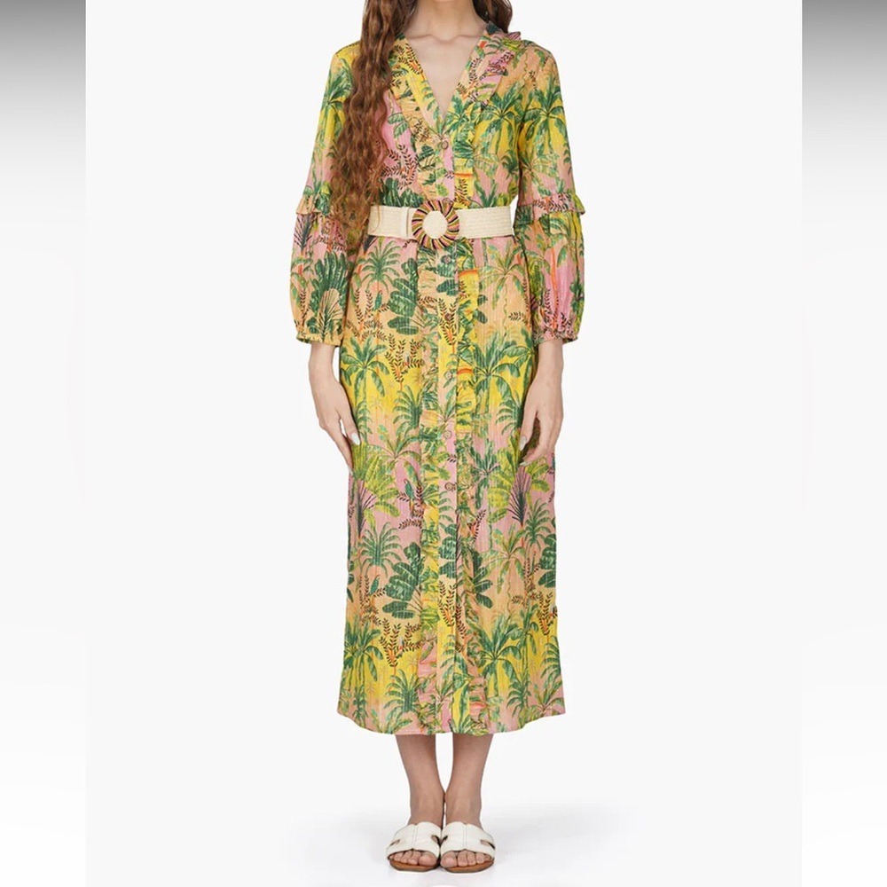 America & Beyond Endless Summer Tropical Floral Ruffle Shirt Dress Beaded Belt M